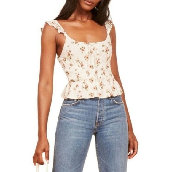 NWOT Reformation Aurora Ruffled Strap Floral Print Top in Geraldine Womens Sze L - Picture 1 of 16